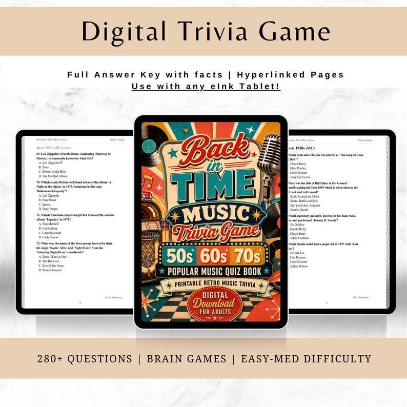 Pu&ograve; includere: Gioco di trivia digitale su tablet, con design retr&ograve;. Il gioco si intitola "Back in Time Music Trivia Game" e riguarda gli anni '50, '60 e '70. &Egrave; un quiz di musica retr&ograve; stampabile e un download digitale per adulti.