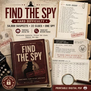 May include: A Find the Spy logic puzzle kit featuring a book with a silhouette of a person in a hat, a clue sheet, an incident report, a suspect register, and a magnifying glass. The documents include text like Confidential, Top Secret, and Find the Spy.
