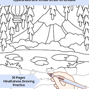 May include: A black and white line drawing of a Japanese landscape with a mountain, pond, and foliage. Text at the top reads "Cozy Japan Tracing Workbook PDF for Adults & Teens." A hand holding a stylus is drawing on the image. The text "30 Pages Mindfulness Drawing Practice" is also present.