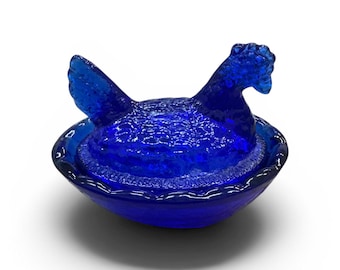 Cobalt Blue Mini Hen on A Nest, Vintage Inspired, Salt Cellar Dish, Depression Farmhouse Decor