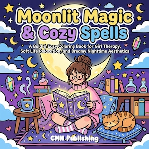May include: A colorful illustration of a girl reading a book titled "Moonlit Magic & Cozy Spells." The image features a crescent moon, stars, and a sleeping cat. The book is open, displaying the word "SPELL."