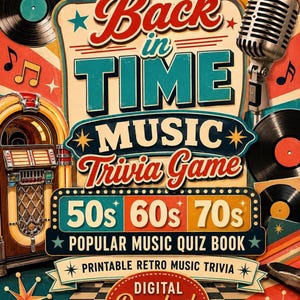Music Trivia Game, Printable Retro Quiz Featuring 50s, 60s, 70s Popular