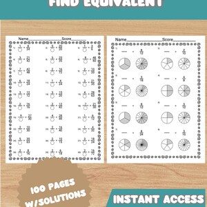 May include: A worksheet with math drills for fractions, including problems to find equivalent fractions. The text "MATH DRILLS FRACTIONS FIND EQUIVALENT" is at the top. The worksheet includes the text "100 PAGES W/SOLUTIONS" and "INSTANT ACCESS UNLIMITED DOWNLOADS".