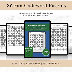 Può includere: Un'immagine digitale di un libro di cruciverba intitolato "80 Fun Codeword Puzzles". La copertina mostra il titolo e presenta un cruciverba. Il testo include "Hint Letters", "Hyperlinked Pages" e "Use with any eInk Tablet!"