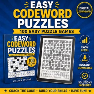 Può includere: Un download digitale di Easy Codeword Puzzles contenente 100 giochi di puzzle facili. La copertina del libro e lo schermo del tablet mostrano un puzzle a griglia con una chiave numerata. Il testo include Easy Codeword Puzzles, 100 Easy Puzzle Games, Crack the code one letter at a time, Lillian Jacobs, Digital Download, Easy Level, Instant Download, Solutions Included, e Crack the code, Build your skills, Have fun.