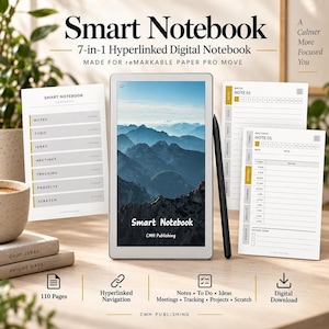 May include: A 7-in-1 hyperlinked digital notebook for reMarkable Paper Pro, featuring a tablet displaying a mountain landscape, a stylus, and printed pages showing contents, notes, and meeting layouts with text including Smart Notebook and CMH Publishing.