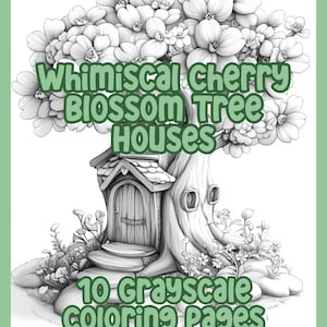 Whimiscal Treehouses Coloring Pages, 10 Printable Grayscale Fantasy Cherry Blossoms Fairy Homes Book, Instant Download Printable PDF