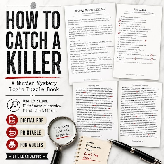Detective Puzzle for Adults, How to Catch a Killer, Whodunit Murder Mystery Logic Game Book Digital PDF