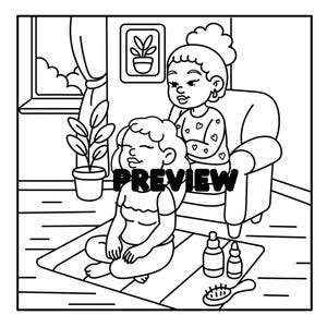 May include: Black and white line art illustration of a woman styling another woman's hair. The image includes the word "PREVIEW" across the center. A potted plant, bottles, and a hairbrush are also visible.