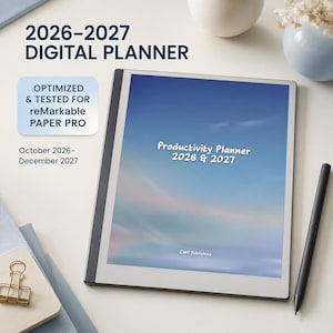 May include: A 2026-2027 digital planner for reMarkable Paper Pro with a blue sky cover graphic. The text reads 2026-2027 DIGITAL PLANNER, OPTIMIZED & TESTED FOR reMarkable PAPER PRO, October 2026-December 2027, Productivity Planner 2026 & 2027, CMH Publishing.