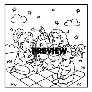May include: Black and white illustration of three people on a picnic blanket, looking at the stars through a telescope. The word "PREVIEW" is printed across the image. Stars and clouds are also depicted.