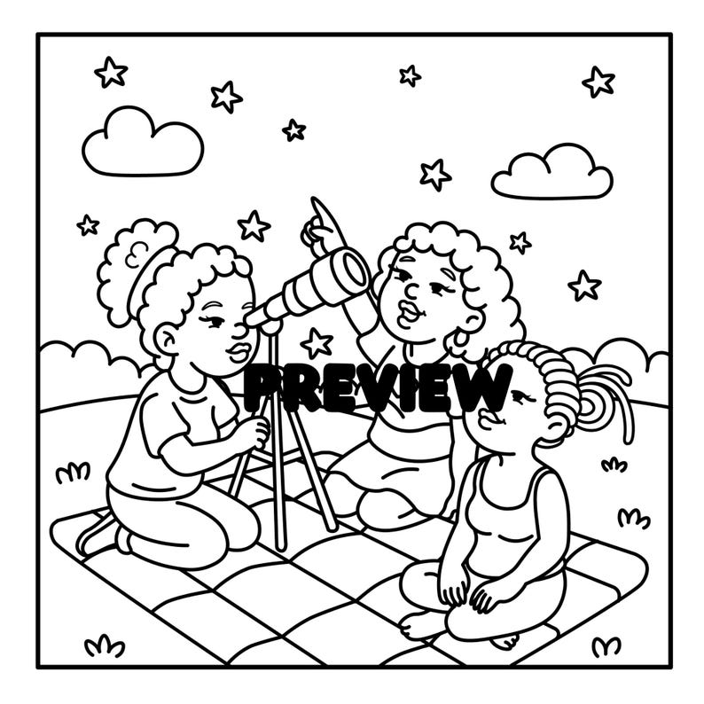 May include: Black and white illustration of three people on a picnic blanket, looking at the stars through a telescope. The word "PREVIEW" is printed across the image. Stars and clouds are also depicted.