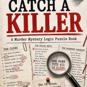 The cover of "How to Catch a Killer: A Murder Mystery Logic Puzzle Book" by Lillian Jacobs, featuring a fingerprint and a magnifying glass over text.