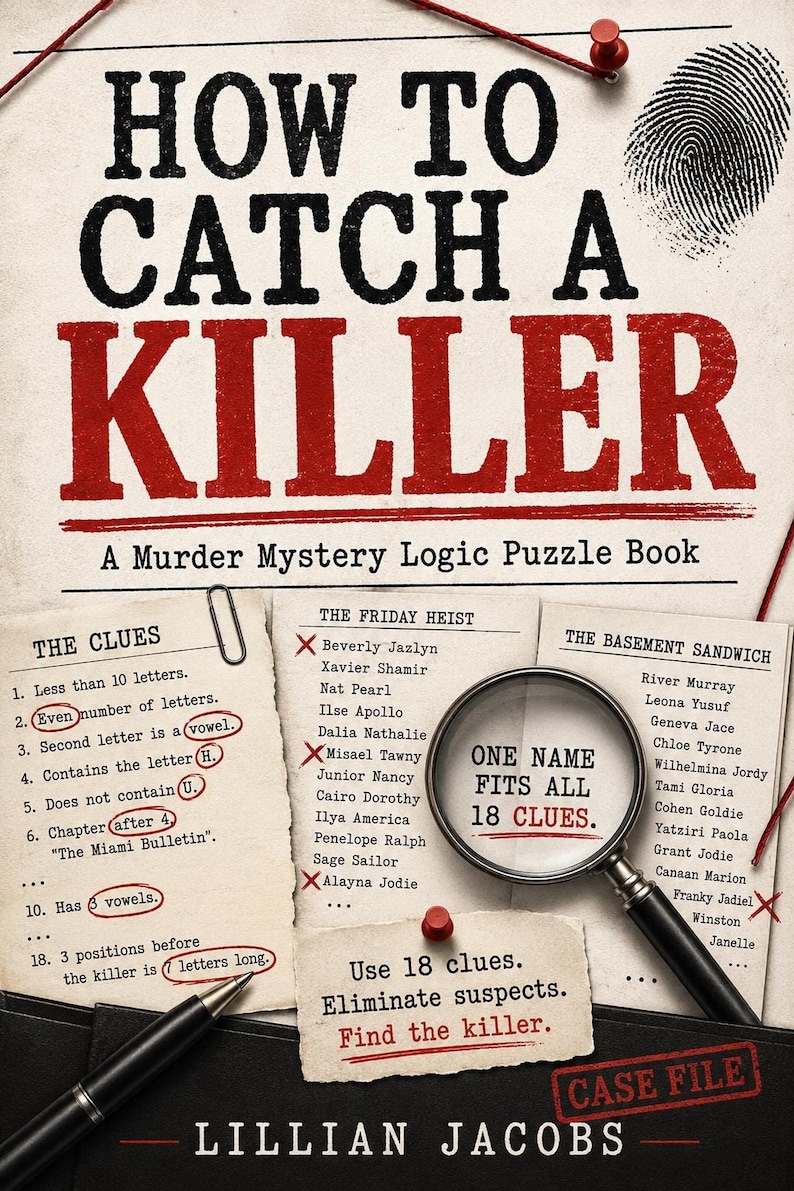 The cover of "How to Catch a Killer: A Murder Mystery Logic Puzzle Book" by Lillian Jacobs, featuring a fingerprint and a magnifying glass over text.