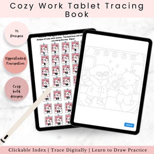 Könnte beinhalten: Zwei schwarze Tablets, die ein digitales Malbuch mit dem Titel "Cozy Work Tablet Tracing Book" anzeigen. Ein Tablet zeigt nummerierte Designs, das andere eine Strichzeichnung. Das Buch bietet 35 Designs, eine Hyperlink-Navigation und gemütliche, kräftige Designs.