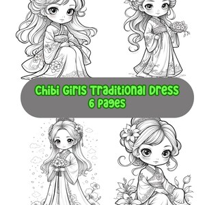 6 Cute Chibi Girls Coloring Pages | Kawaii Girls in Traditional Dress Instant PDF Digital Download | Teen Adult Portraits Printable Sheets