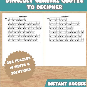 Peut inclure: Téléchargement numérique de cryptogrammes pour adultes. L'image présente deux pages de puzzles avec le texte "CRYPTOGRAMS FOR ADULTS DIFFICULT GENERAL QUOTES TO DECIPHER." Comprend 202 puzzles avec des indices et des solutions. Accès instantané et téléchargements illimités.