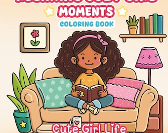 Livro de colorir Cozy Girl, 40 páginas aconchegantes de autocuidado para imprimir em PDF para adultos e adolescentes.
