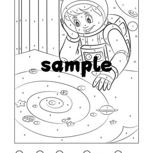 May include: Black and white line drawing of an astronaut in a spacesuit, with a color-by-number design. The image includes the word "sample" and a color key with numbers and color names.