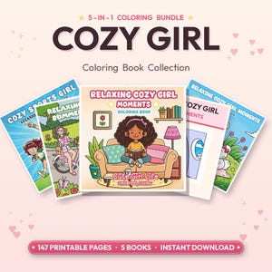 K&ouml;nnte beinhalten: Eine Sammlung von f&uuml;nf Malb&uuml;chern namens "Cozy Girl" mit Illustrationen von entspannenden Szenen. Das zentrale Buchcover zeigt ein M&auml;dchen, das auf einem Sofa liest. Das Bild enth&auml;lt den Text "5-in-1 Coloring Bundle" und "147 Printable Pages."
