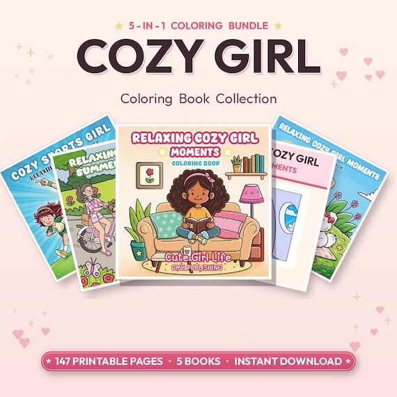 Relaxing Cozy Girl Coloring Book Bundle | 147 Printable Digital PDF for Relaxation, Self-Care