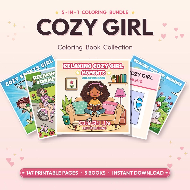 K&ouml;nnte beinhalten: Eine Sammlung von f&uuml;nf Malb&uuml;chern namens "Cozy Girl" mit Illustrationen von entspannenden Szenen. Das zentrale Buchcover zeigt ein M&auml;dchen, das auf einem Sofa liest. Das Bild enth&auml;lt den Text "5-in-1 Coloring Bundle" und "147 Printable Pages."
