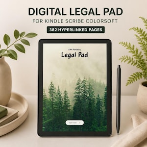 May include: A digital legal pad for Kindle Scribe Colorsoft with 382 hyperlinked pages. The screen displays a forest landscape with the text CMH Publishing Legal Pad and an Open Index button. A black stylus is positioned to the right of the tablet.