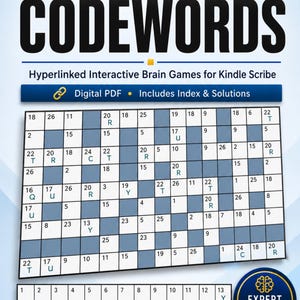 Può includere: Un documento PDF digitale intitolato 100 Expert Level Codewords, contenente giochi cerebrali interattivi con collegamenti ipertestuali per Kindle Scribe. La pagina mostra una griglia di cruciverba con caselle numerate, una chiave di lettere e soluzioni.