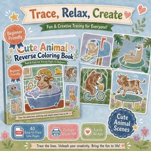 Peut inclure: Un livre de coloriage inversé Cute Animal avec 40 pages de traçage faciles. La couverture présente diverses illustrations dont une vache dans une baignoire, un ours à vélo et un lama. Le texte inclut Trace, Relax, Create et Beginner Friendly.