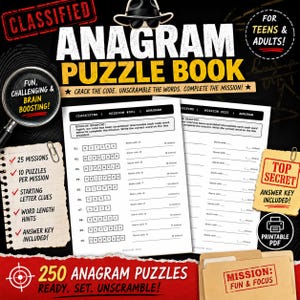 May include: A black and red Anagram Puzzle Book with the text "Classified" and "Anagram Puzzle Book". The book includes 25 missions, 10 puzzles per mission, starting letter clues, word length hints, and an answer key. For teens and adults.