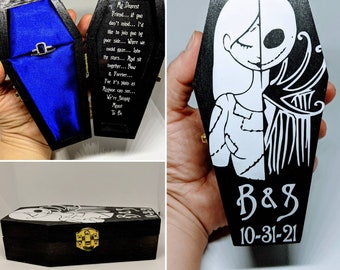 Nightmare before Christmas "We Were Simply Meant to Be"... Disneys Tim Burtons Jack & Sally inspired Engagement Coffin Personalized Ring box