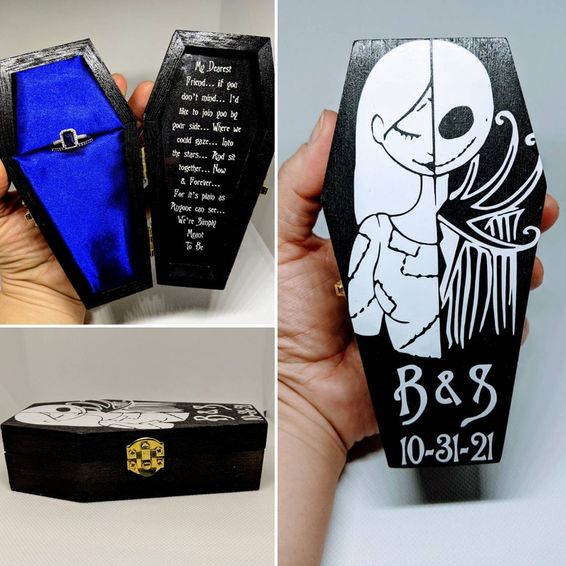 Nightmare before Christmas We Were Simply Meant to Be... Disneys Tim Burtons Jack & Sally inspired Engagement Coffin Personalized Ring box image 1