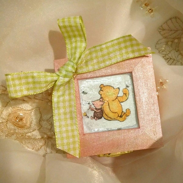 Winnie the Pooh and Piglet inspired Engagement Ring Box with Quote inside :) Shown in Pink & Green ~ Colors Customizable