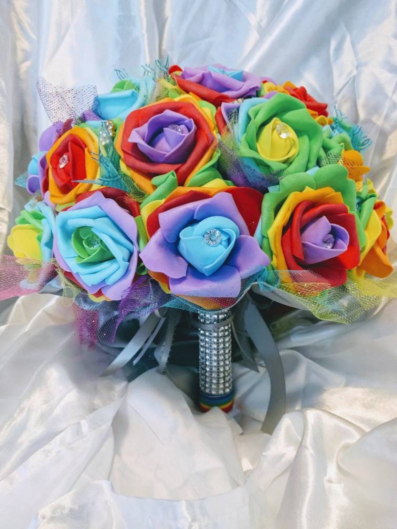 Rainbow Rose Bouquets with Crystals on each Flower, Silver Satin base, & Diamond wrap around the stem customizable and multiple sizes image 2