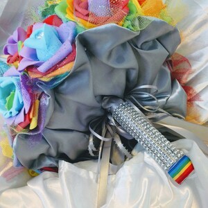 Rainbow Rose Bouquets with Crystals on each Flower, Silver Satin base, & Diamond wrap around the stem customizable and multiple sizes image 3