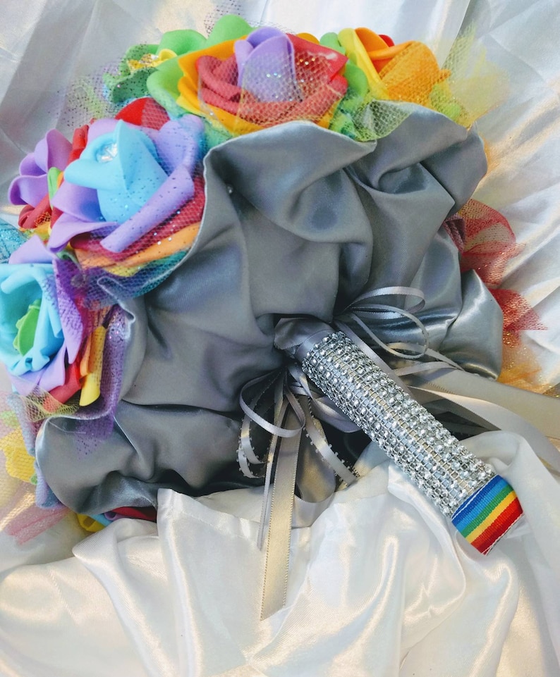 Rainbow Rose Bouquets with Crystals on each Flower, Silver Satin base, & Diamond wrap around the stem customizable and multiple sizes image 3