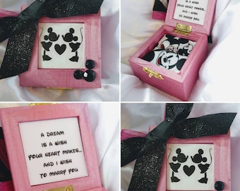 Walt Disney inspired Engagement Ring Box featuring 2 Minnie Mouses and Quote: "A Dream is a Wish Your Heart Makes...And I Wish to Marry You"