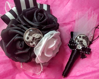 Disney and Tim Burtons Nightmare before Christmas "Jack & Sally" inspired Corsage and Boutonniere Set in Black and White