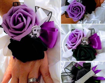 Disneys Tim Burtons Nightmare before Christmas inspired Corsage with Jack & Sally Pin and Silver Wristlet  ~ Multiple Colors Available