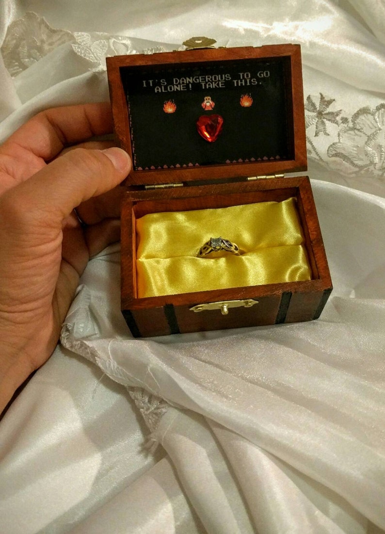 Nintendo inspired Zelda Engagement Ring Box w/ Quote inside It's Dangerous to go alone...Take this. Hand painted and made to order. image 2