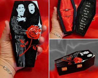 Handmade Addams Family "Morticia & Gomez" inspired Proposal or Wedding Coffin shaped Ring box