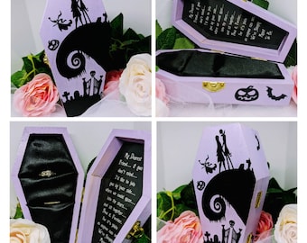 Tim Burton's "Jack and Sally" from Nightmare before Christmas inspired Coffin shaped Engagement Ring Box with Movie Quote inside