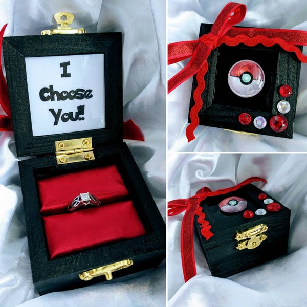 Pokémon inspired Engagement Ring Box with Quote inside : "I Choose You". Handmade and Customizable.