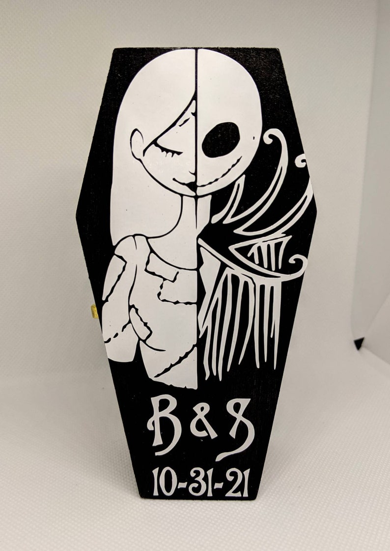 Nightmare before Christmas We Were Simply Meant to Be... Disneys Tim Burtons Jack & Sally inspired Engagement Coffin Personalized Ring box image 2