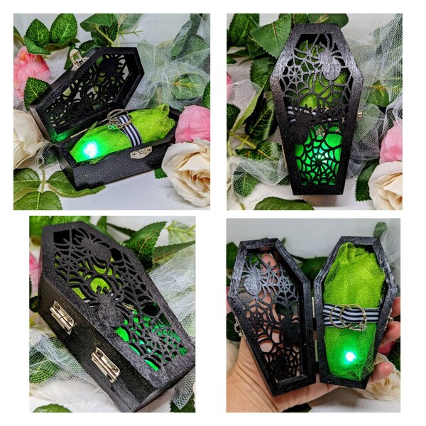 Black Spider web inspired light up coffin shaped engagement/proposal ring box (only one available ready to ship immediately)