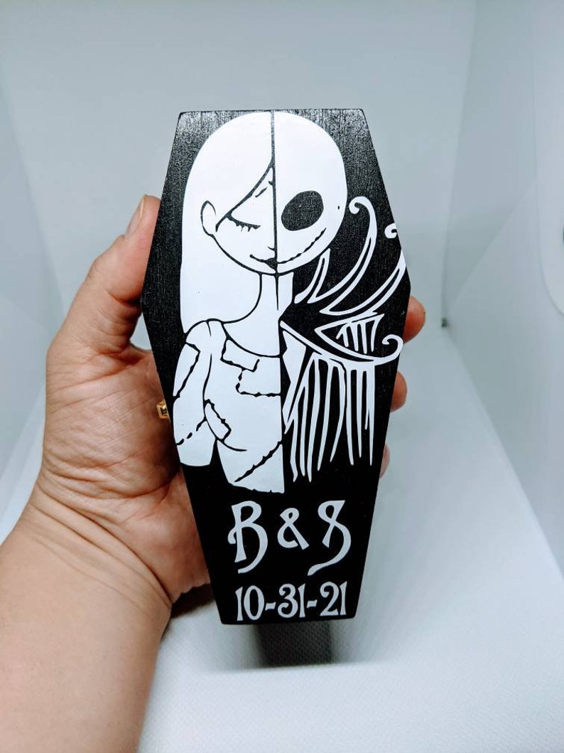 Nightmare before Christmas We Were Simply Meant to Be... Disneys Tim Burtons Jack & Sally inspired Engagement Coffin Personalized Ring box image 5