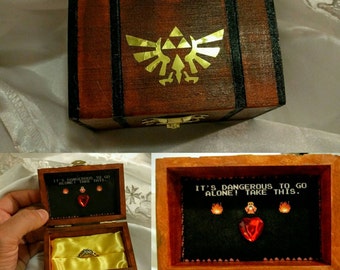 Nintendo inspired Zelda Engagement Ring Box w/ Quote inside "It's Dangerous to go alone!...Take this". Hand painted and made to order.