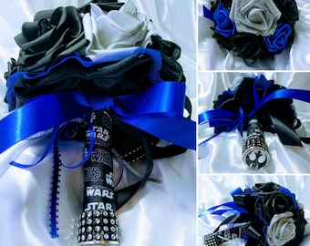 Hand made Disneys STAR WARS inspired Royal Blue, Black & Silver Bouquet for Wedding~ Multiple colors and sizes~ 5 inches in diameter shown