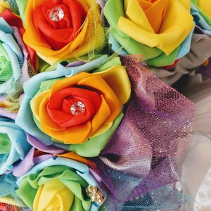 Rainbow Rose Bouquets with Crystals on each Flower, Silver Satin base, & Diamond wrap around the stem customizable and multiple sizes image 4