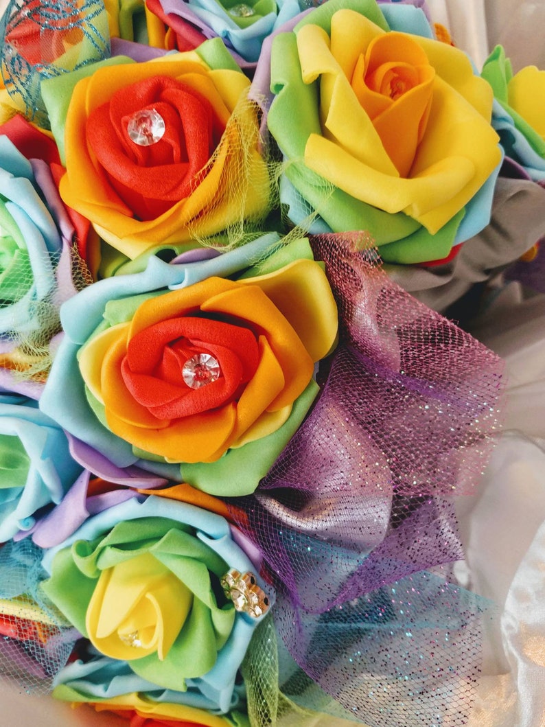 Rainbow Rose Bouquets with Crystals on each Flower, Silver Satin base, & Diamond wrap around the stem customizable and multiple sizes image 4